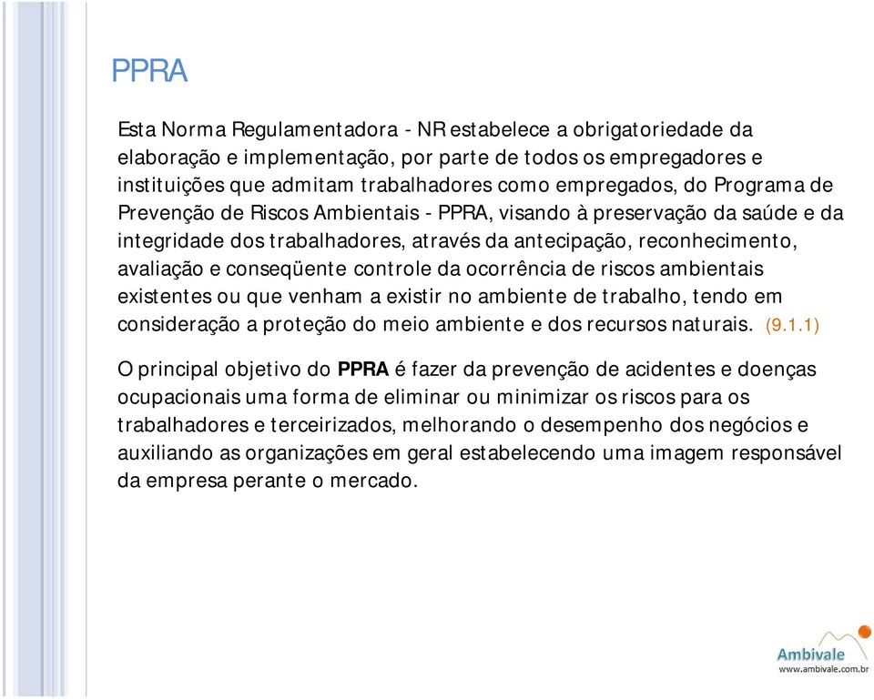 riscos ambientais existentes ou que venham a existir no ambiente de trabalho, tendo em consideração a proteção do meio ambiente e dos recursos naturais. (9.1.