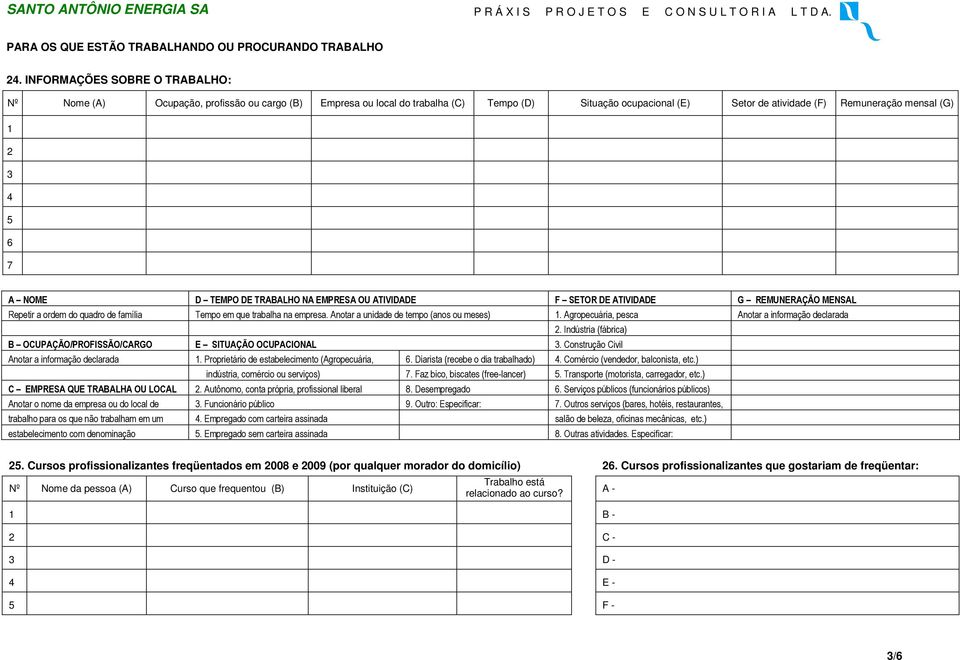 NOME D TEMPO DE TRABALHO NA EMPRESA OU ATIVIDADE F SETOR DE ATIVIDADE G REMUNERAÇÃO MENSAL Repetir a ordem do quadro de família Tempo em que trabalha na empresa.