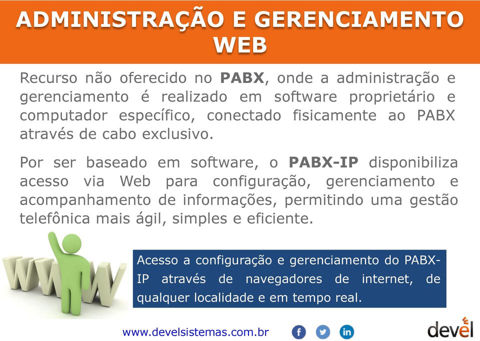 Por ser baseado em software, o PABX-IP disponibiliza acesso via Web para configuração, gerenciamento e acompanhamento de informações,