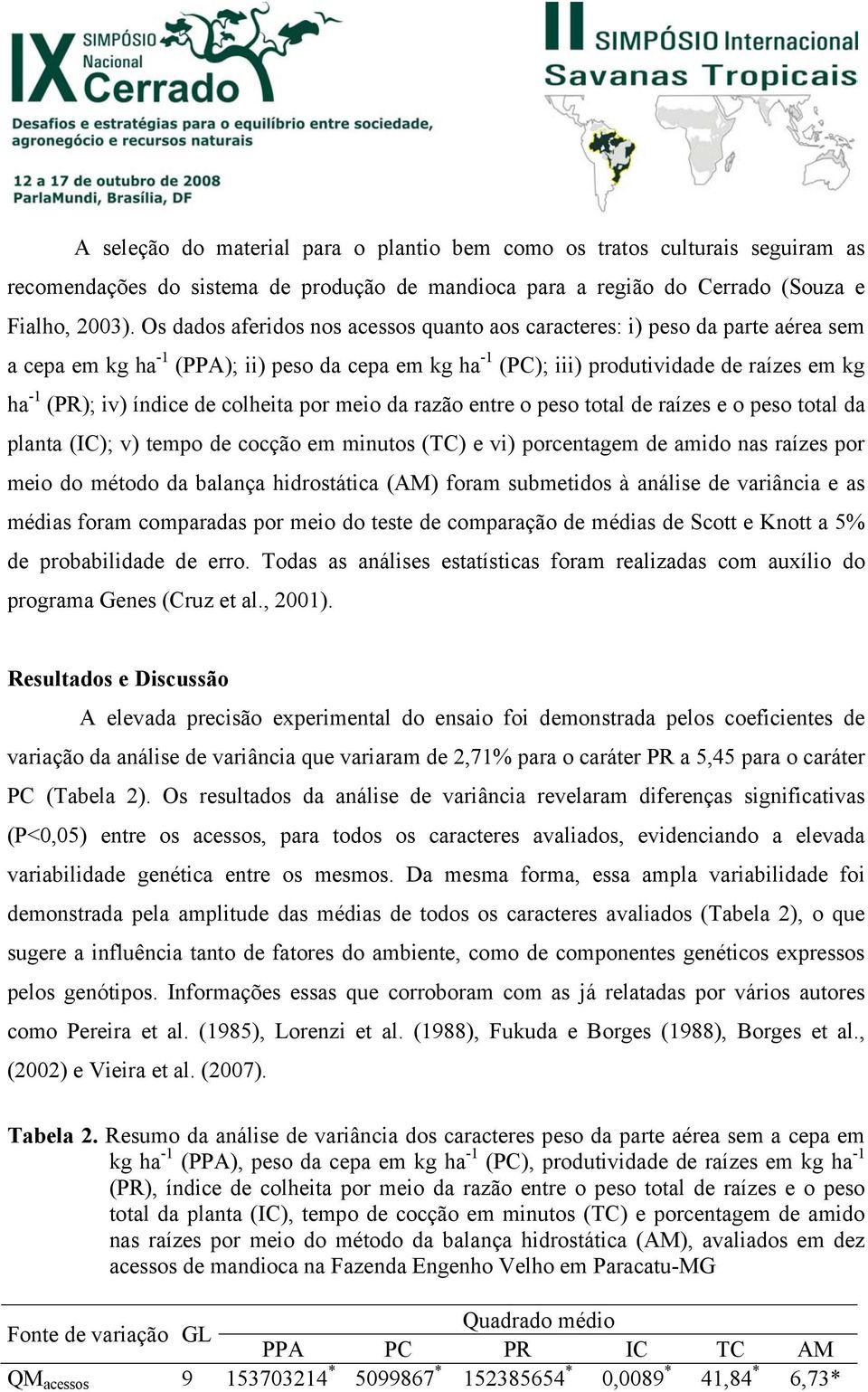 de colheita por meio da razão entre o peso total de raízes e o peso total da planta (IC); v) tempo de cocção em minutos (TC) e vi) porcentagem de amido nas raízes por meio do método da balança