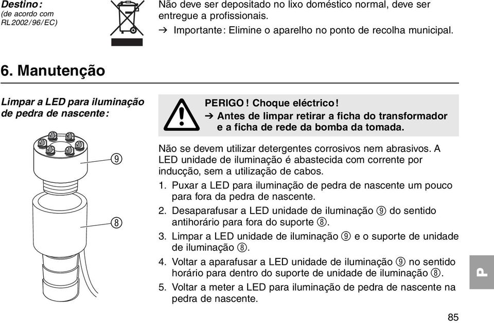 Não se devem utilizar detergentes corrosivos nem abrasivos. A LED unidade de iluminação é abastecida com corrente por inducção, sem a utilização de cabos. 1.