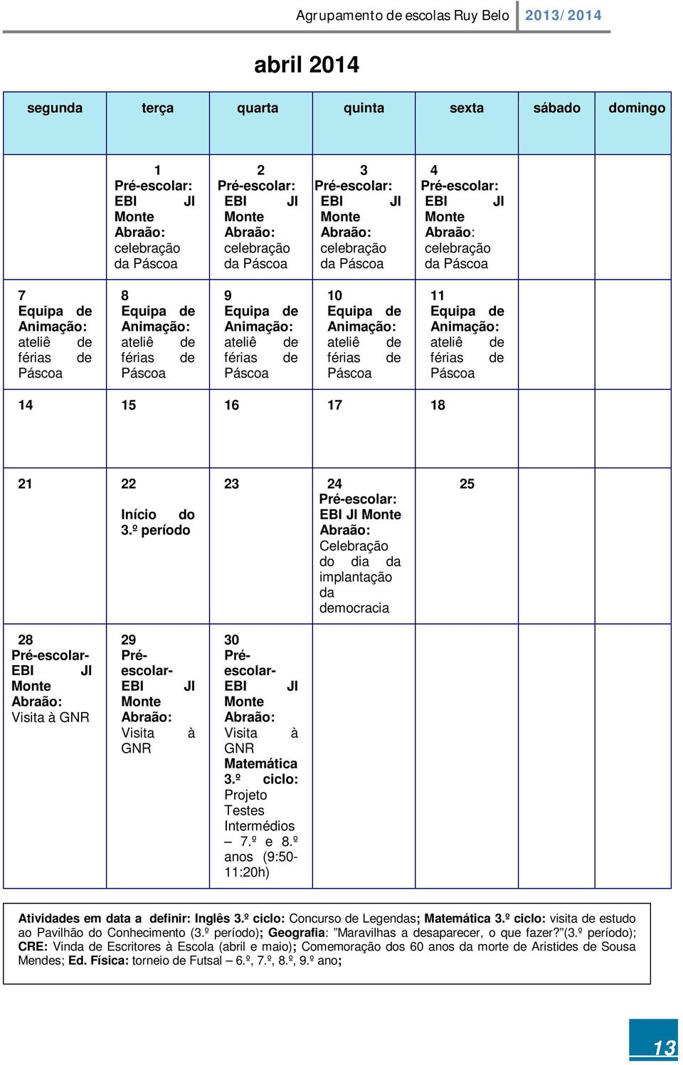 º período 23 24 Celebração do dia da implantação da democracia 25 28 Pré-escolar- EBI JI Monte Visita à GNR 29 Pré- escolar- EBI Monte Visita GNR JI à 30 Pré- escolar- EBI JI Monte Visita à GNR