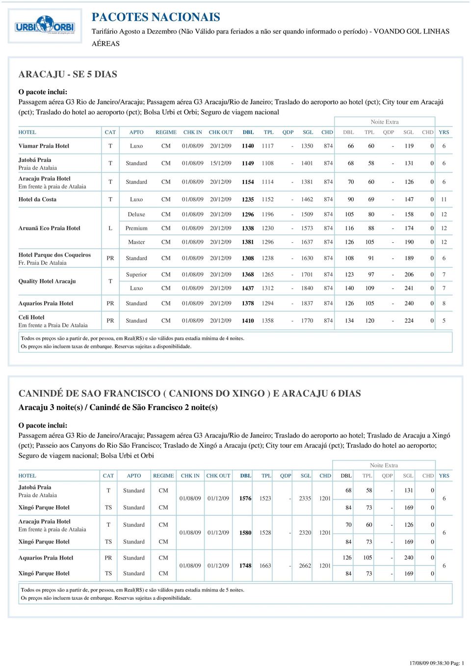 EGIME CHK IN CHK OU DB P QDP SG CHD DB P QDP SG CHD YS Viamar Praia Hotel uxo CM 01/08/09 0/1/09 1140 1117-1350 874 66 60-119 0 6 Jatobá Praia Praia de Atalaia Aracaju Praia Hotel Em frente à praia
