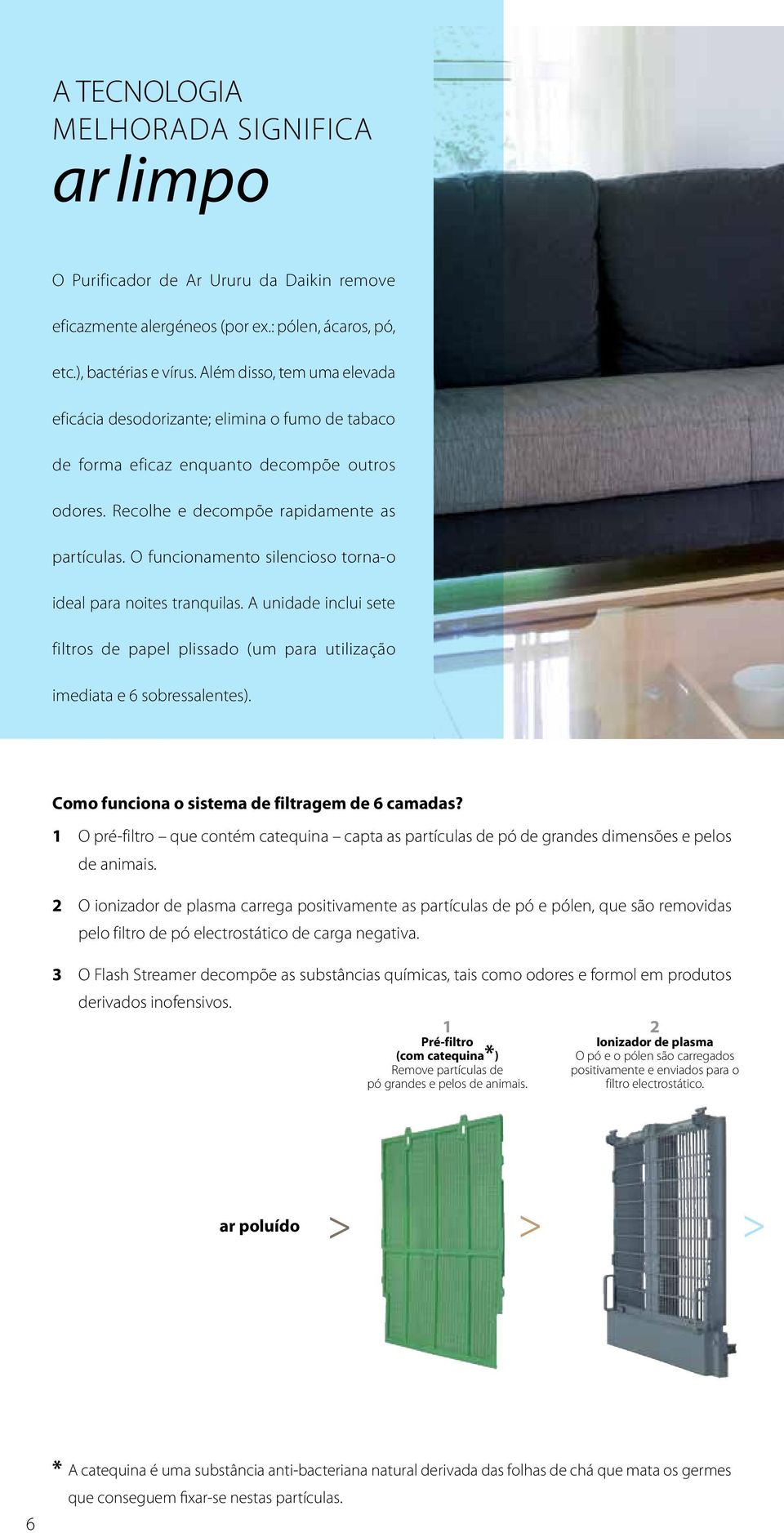 O funcionamento silencioso torna-o ideal para noites tranquilas. A unidade inclui sete filtros de papel plissado (um para utilização imediata e 6 sobressalentes).