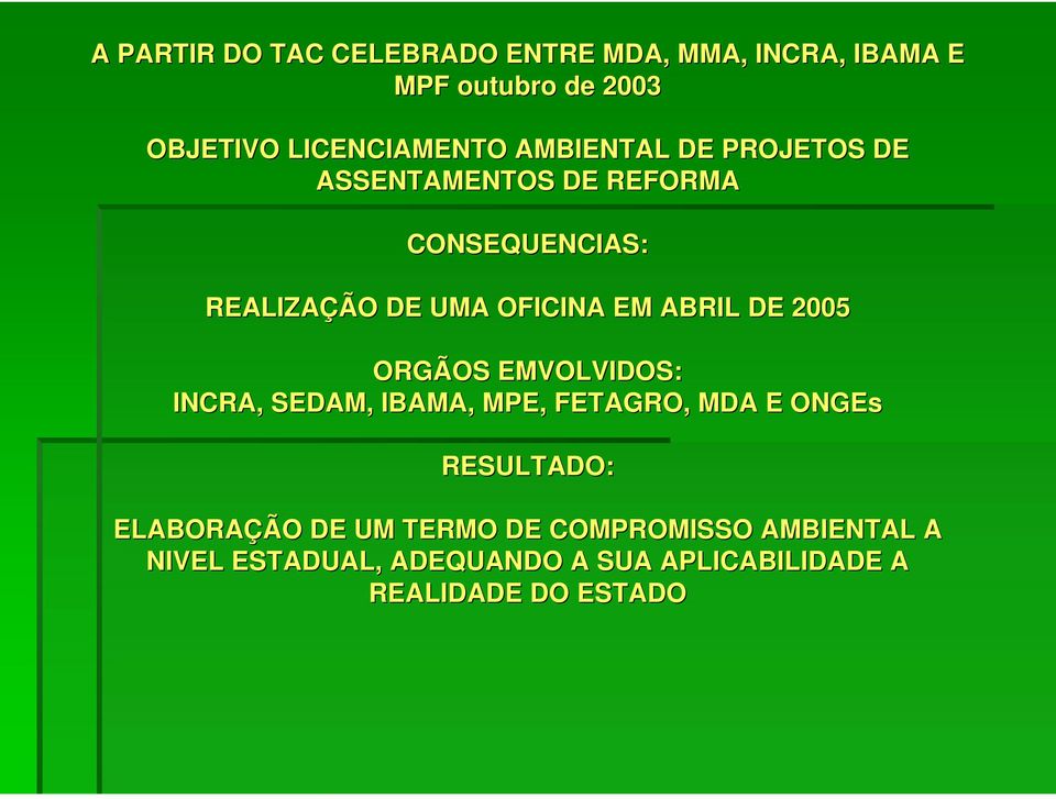 DE 2005 ORGÃOS EMVOLVIDOS: INCRA, SEDAM, IBAMA, MPE, FETAGRO, MDA E ONGEs RESULTADO: ELABORAÇÃO DE