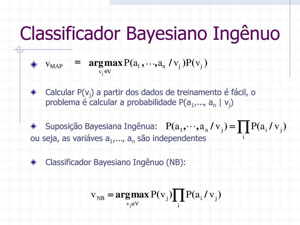 .., a n v ) Suposição Bayesiana Ingênua: ou sea, as variáves a 1,.