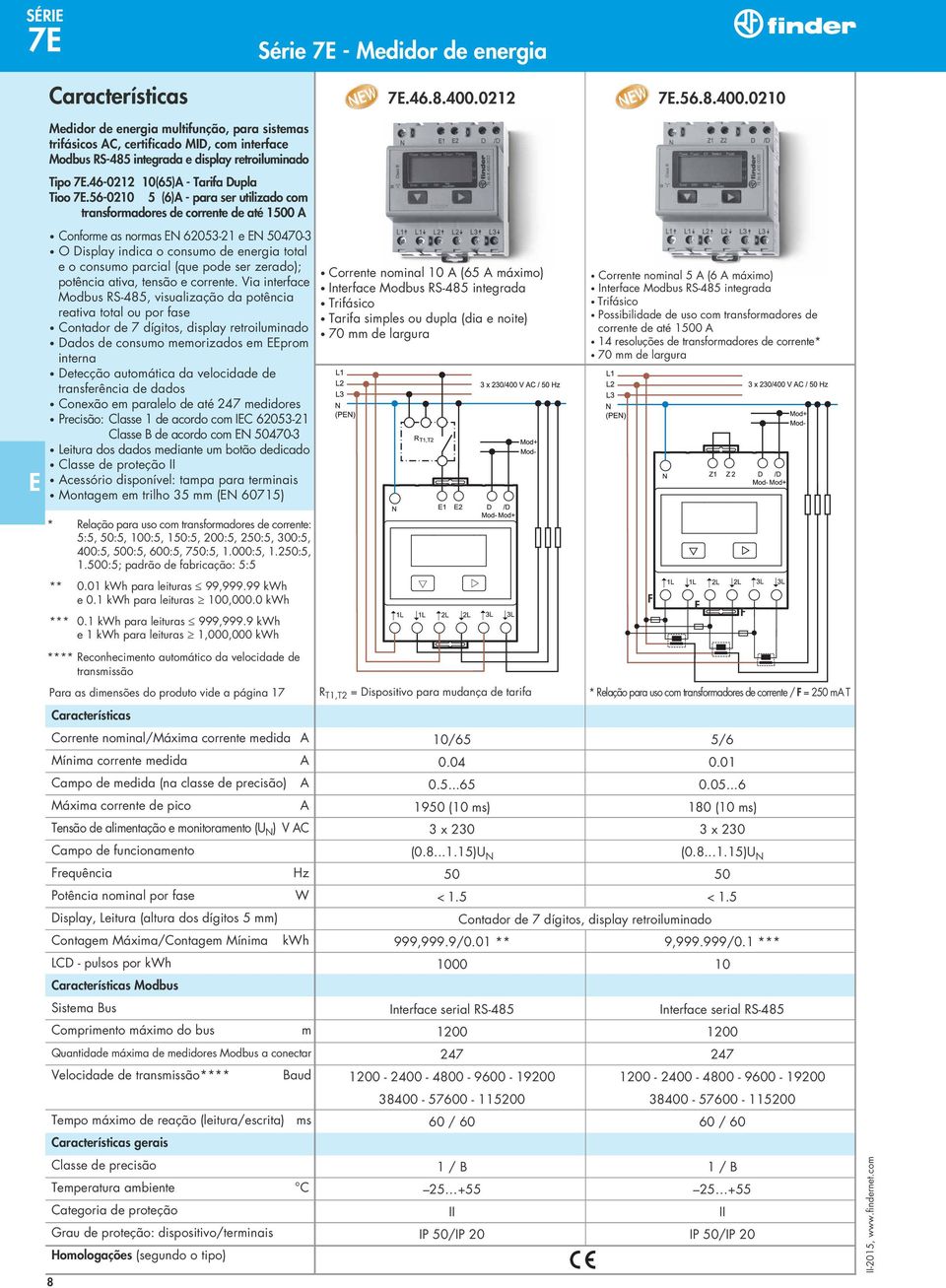 56-0210 5 (6) - para ser utilizado com transformadores de corrente de até 1500 Conforme as normas N 62053-21 e N 50470-3 O Display indica o consumo de energia total e o consumo parcial (que pode ser