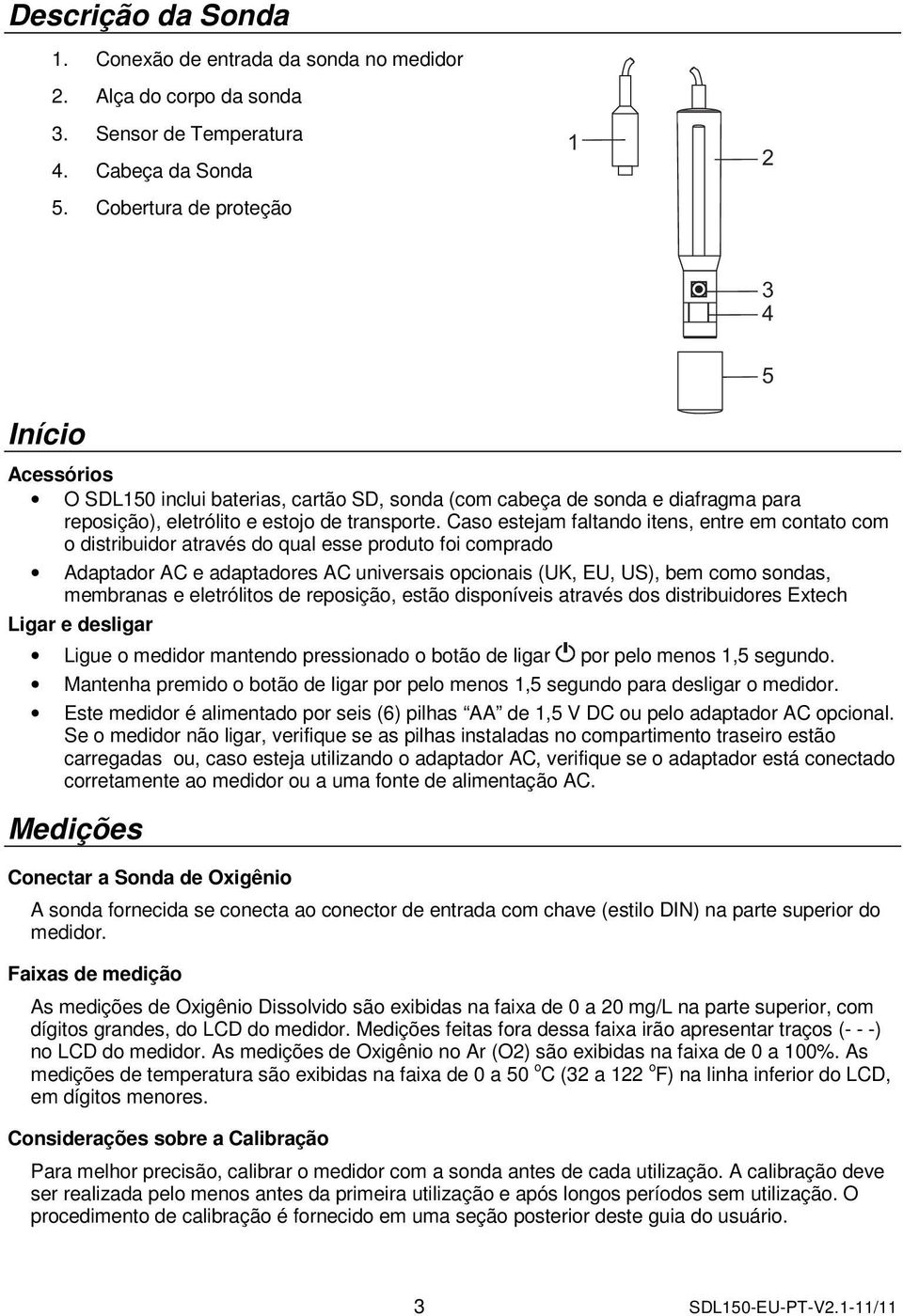 Caso estejam faltando itens, entre em contato com o distribuidor através do qual esse produto foi comprado Adaptador AC e adaptadores AC universais opcionais (UK, EU, US), bem como sondas, membranas