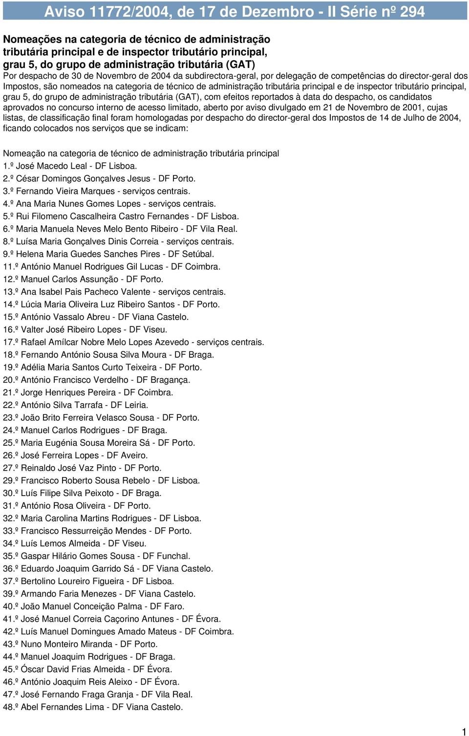 tributária principal e de inspector tributário principal, grau 5, do grupo de administração tributária (GAT), com efeitos reportados à data do despacho, os candidatos aprovados no concurso interno de