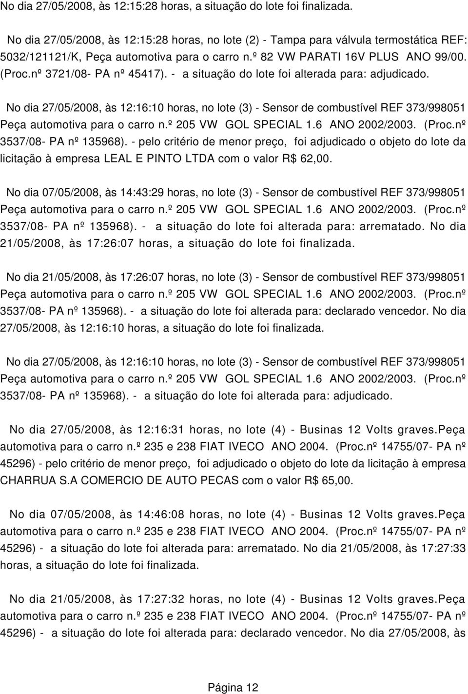 nº 3721/08- PA nº 45417). - a situação do lote foi alterada para: adjudicado. No dia 27/05/2008, às 12:16:10 horas, no lote (3) - Sensor de combustível REF 373/998051 Peça automotiva para o carro n.