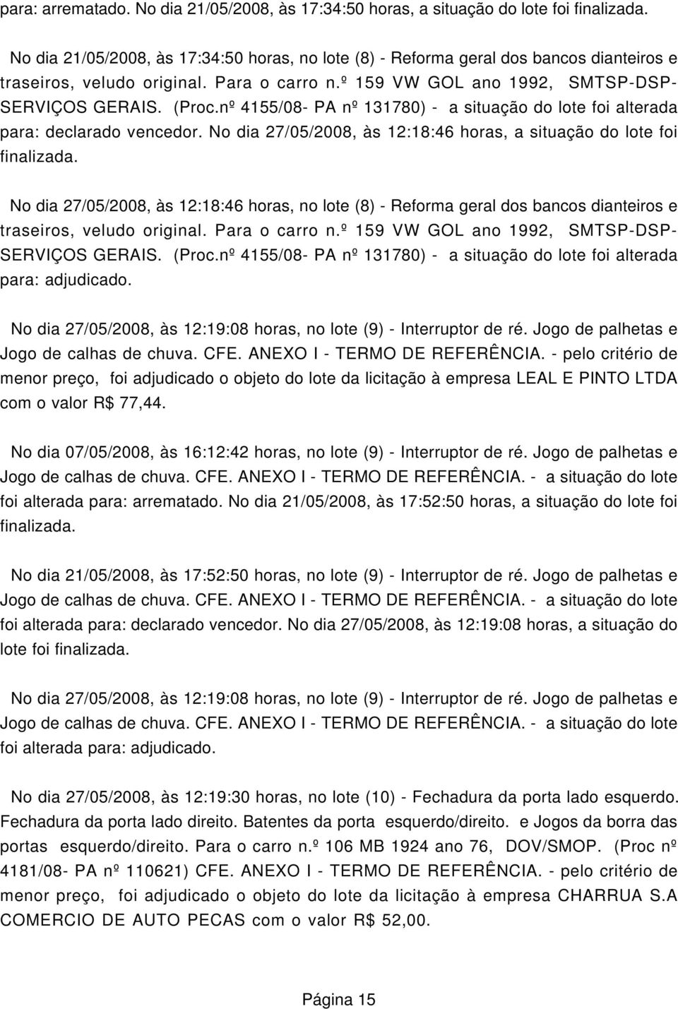 nº 4155/08- PA nº 131780) - a situação do lote foi alterada para: declarado vencedor. No dia 27/05/2008, às 12:18:46 horas, a situação do lote foi finalizada.