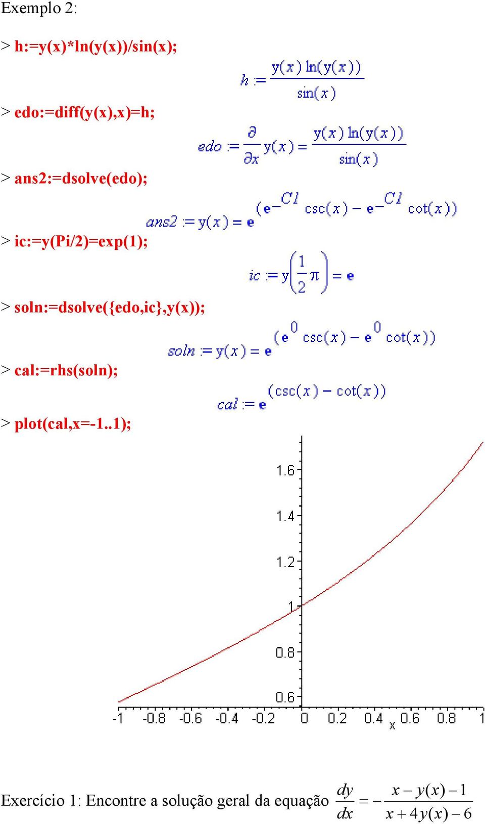 soln:=dsolve({edo,ic},y(x)); > cal:=rhs(soln); > plot(cal,x=-1.