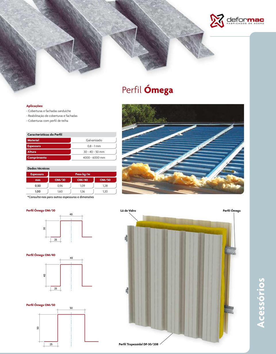 OM/40 OM/50 0,80 0,96 1,09 1,28 1,00 1,60 1,36 1,20 *Consulte-nos para outras espessuras e dimensões Perfil Ómega OM/30