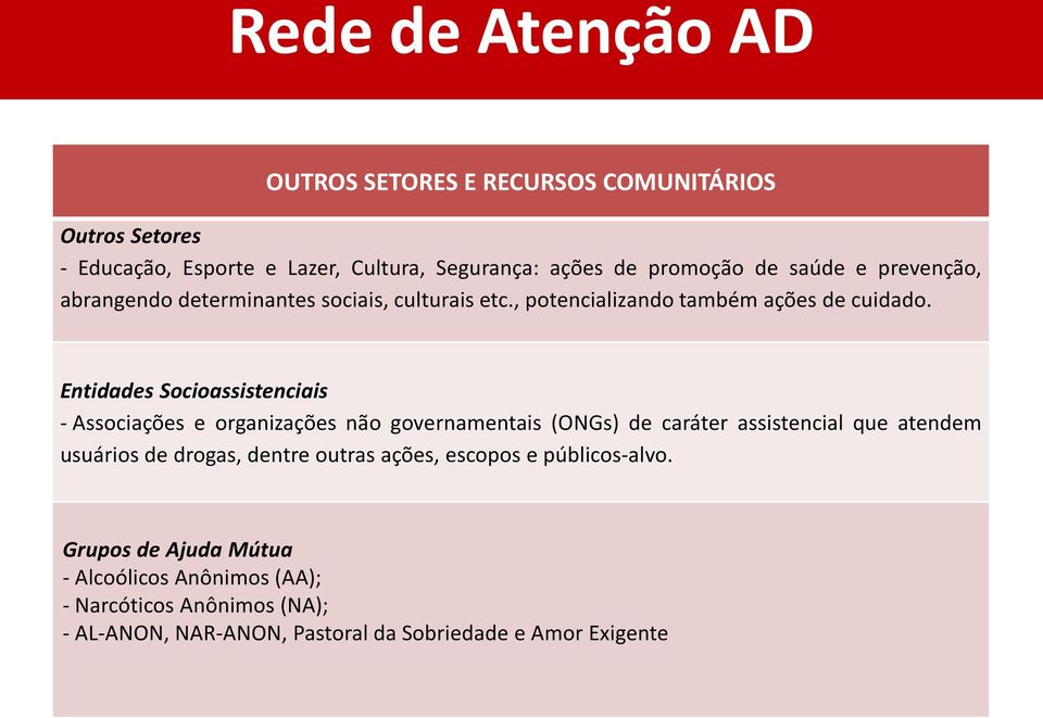 Entidades Socioassistenciais - Associações e organizações não governamentais (ONGs) de caráter assistencial que atendem usuários de drogas,