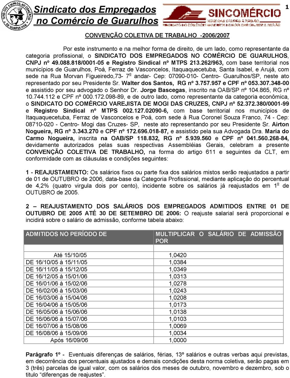 262/963, com base territorial nos municípios de Guarulhos, Poá, Ferraz de Vasconcelos, Itaquaquecetuba, Santa Isabel, e Arujá, com sede na Rua Morvan Figueiredo,73-7 o andar- Cep: 07090-010- Centro-