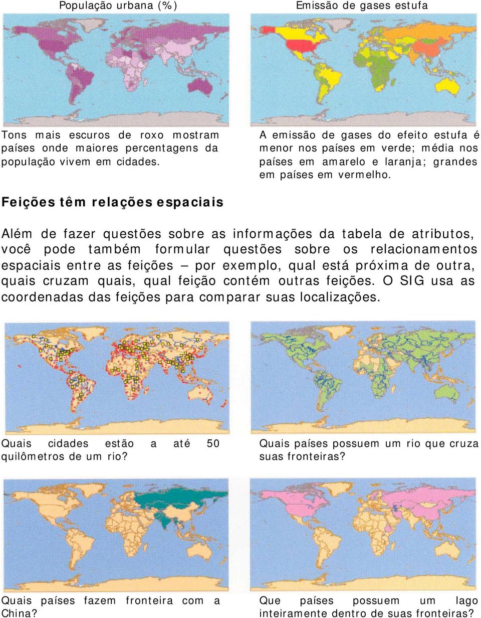 Feições têm relações espaciais Além de fazer questões sobre as informações da tabela de atributos, você pode também formular questões sobre os relacionamentos espaciais entre as feições por exemplo,