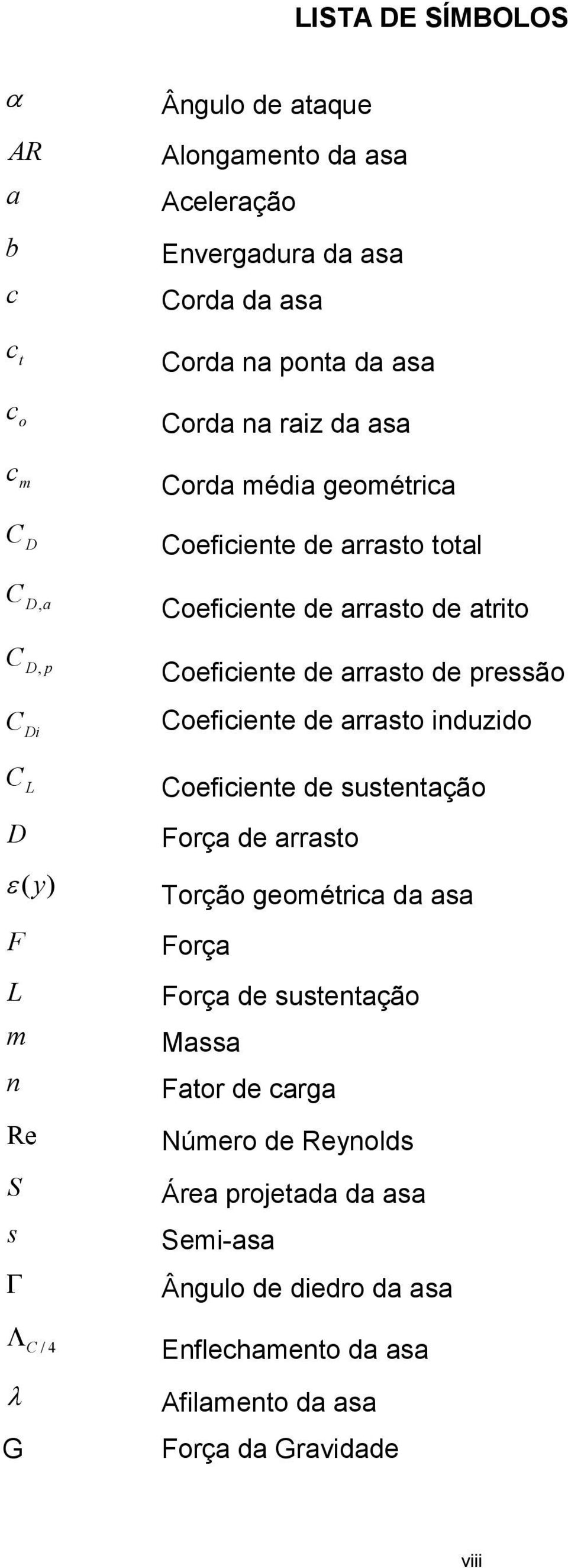 (y) F L m n Re S s Γ Λ C / 4 λ G Coeficiente de arrasto induzido Coeficiente de sustentação Força de arrasto Torção geométrica da asa Força Força de
