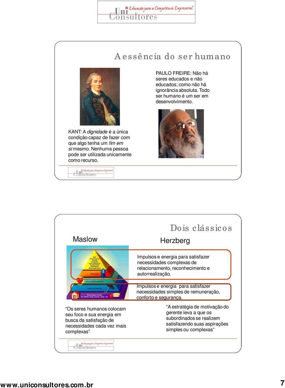 Maslow Dois clássicos Herzberg Impulsos e energia para satisfazer necessidades complexas de relacionamento, reconhecimento e autorrealização.