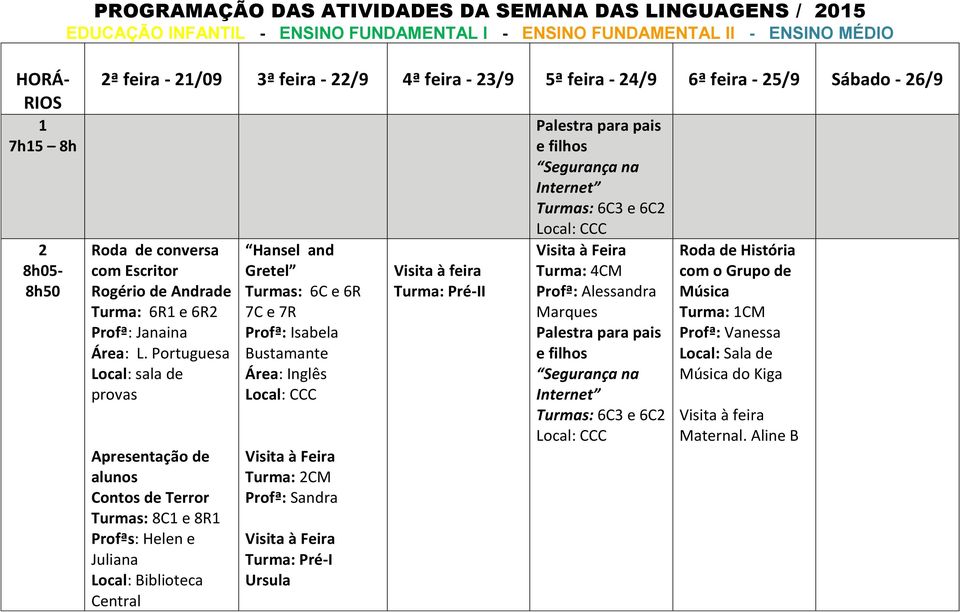 Central Hansel and Gretel Turmas: 6C e 6R 7C e 7R Profª: Isabela Turma: 2CM Profª: Sandra Turma: Pré-I Ursula Visita à feira Turma: Pré-II Palestra para pais e filhos Segurança na Internet Turmas: