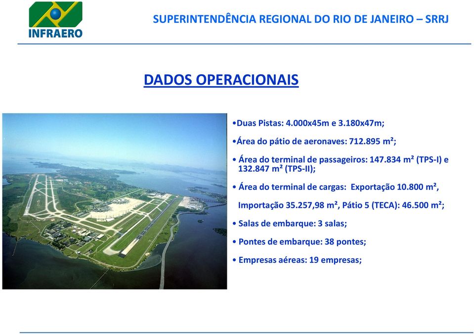 847 m² (TPS-II); Área do terminal de cargas: Exportação 10.800 m², Importação 35.