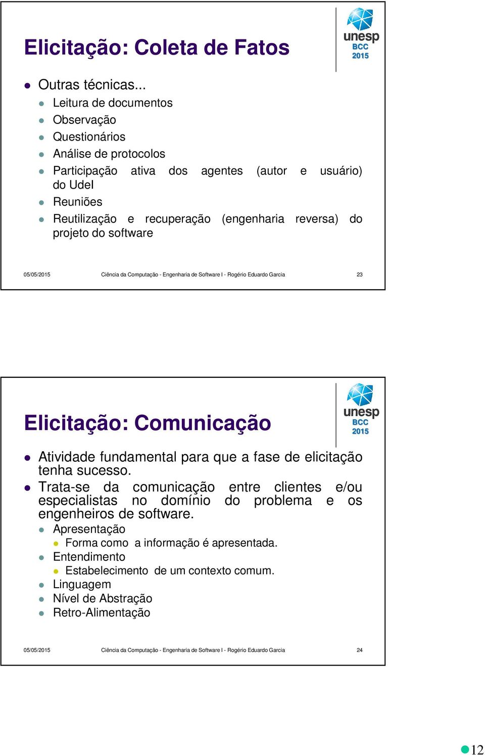 projeto do software 05/05/ Ciência da Computação - Engenharia de Software I - Rogério Eduardo Garcia 23 Elicitação: Comunicação Atividade fundamental para que a fase de elicitação tenha sucesso.