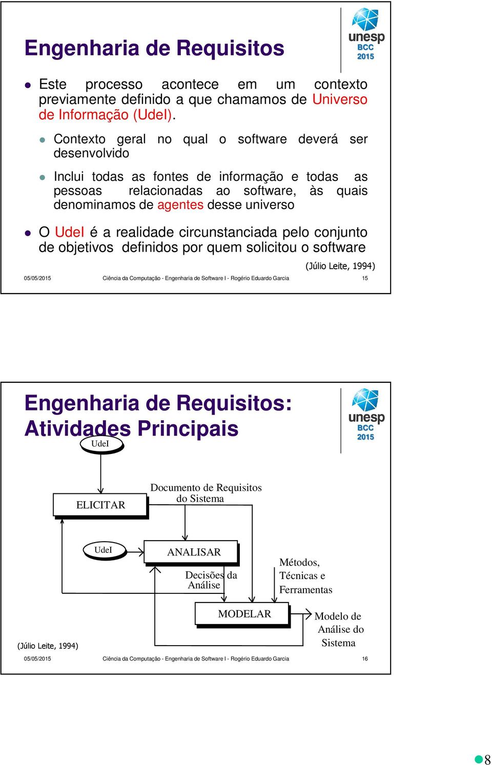 realidade circunstanciada pelo conjunto de objetivos definidos por quem solicitou o software (Júlio Leite, 1994) 05/05/ Ciência da Computação - Engenharia de Software I - Rogério Eduardo Garcia 15