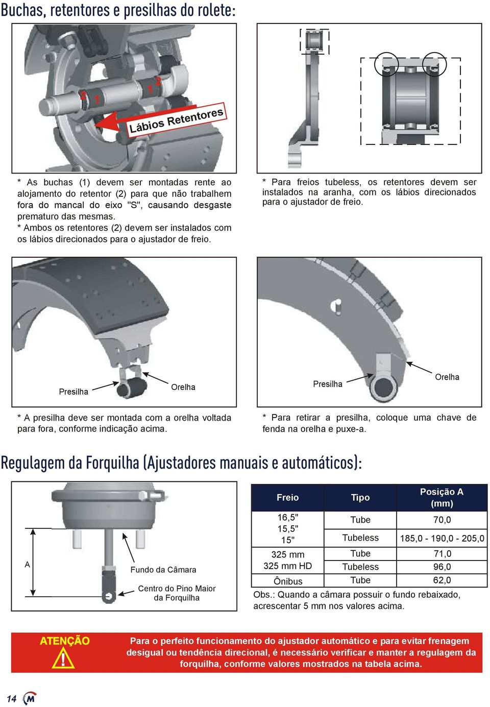 * Para freios tubeless, os retentores devem ser instalados na aranha, com os lábios direcionados para o ajustador de freio.