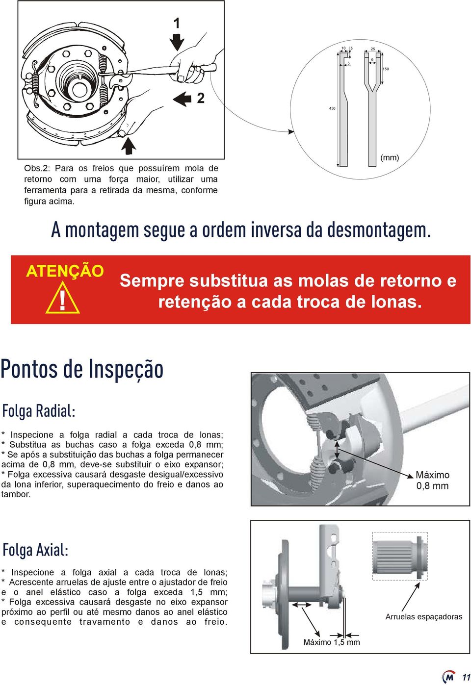 Pontos de Inspeção Folga Radial: * Inspecione a folga radial a cada troca de lonas; * Substitua as buchas caso a folga exceda 0,8 mm; * Se após a substituição das buchas a folga permanecer acima de