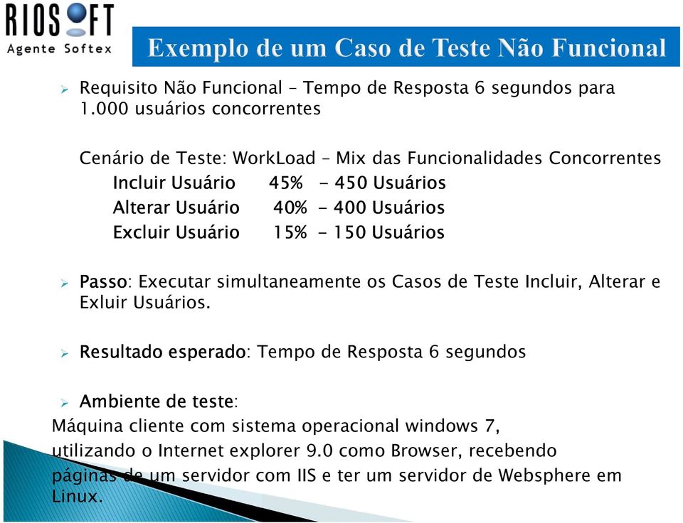 400 Usuários Excluir Usuário 15% - 150 Usuários Passo: Executar simultaneamente os Casos de Teste Incluir, Alterar e Exluir Usuários.