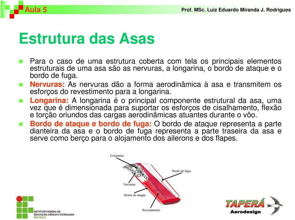 Longarina: A longarina é o principal componente estrutural da asa, uma vez que é dimensionada para suportar os esforços de cisalhamento, flexão e torção oriundos das cargas