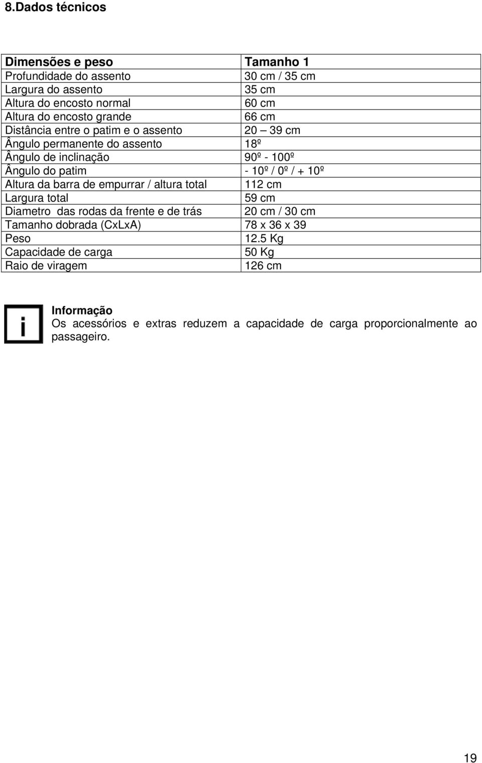 Altura da barra de empurrar / altura total 112 cm Largura total 59 cm Diametro das rodas da frente e de trás 20 cm / 30 cm Tamanho dobrada (CxLxA) 78 x 36 x