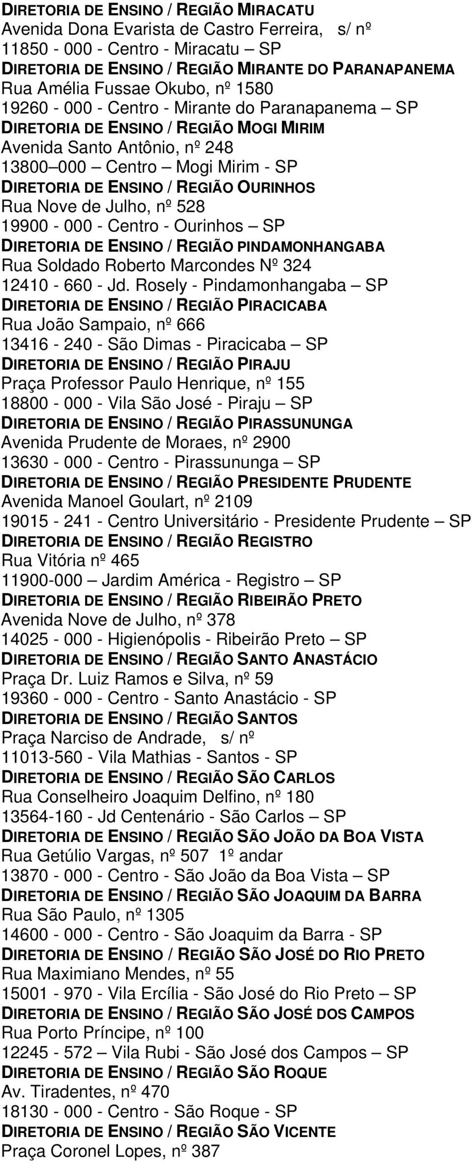 Nove de Julho, nº 528 19900-000 - Centro - Ourinhos SP DIRETORIA DE ENSINO / REGIÃO PINDAMONHANGABA Rua Soldado Roberto Marcondes Nº 324 12410-660 - Jd.