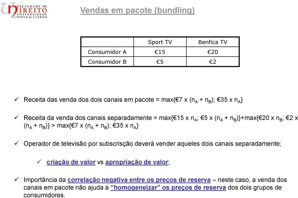 Operador de televisão por subscrisção deverá vender aqueles dois canais separadamente; criação de valor vs apropriação de valor; Importância da correlação