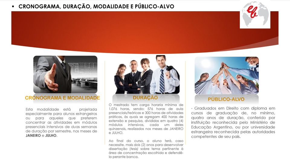 076 horas, sendo: 576 horas de aula presenciais/teóricas e 300 horas de atividades práticas, às quais se agregam 400 horas de extensão e pesquisa, divididas em quatro (4) módulos intensivos, cada um