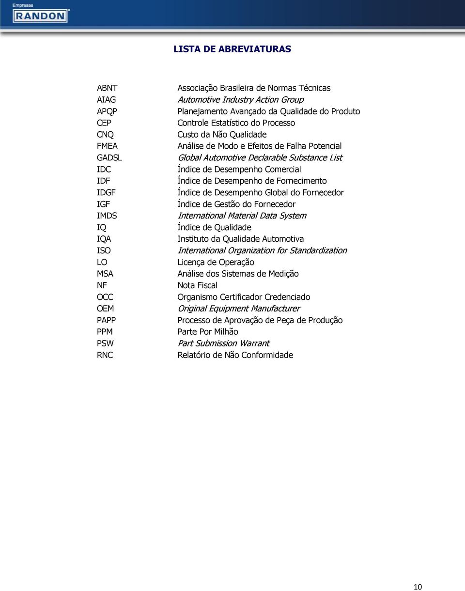 de Desempenho Comercial Índice de Desempenho de Fornecimento Índice de Desempenho Global do Fornecedor Índice de Gestão do Fornecedor International Material Data System Índice de Qualidade Instituto