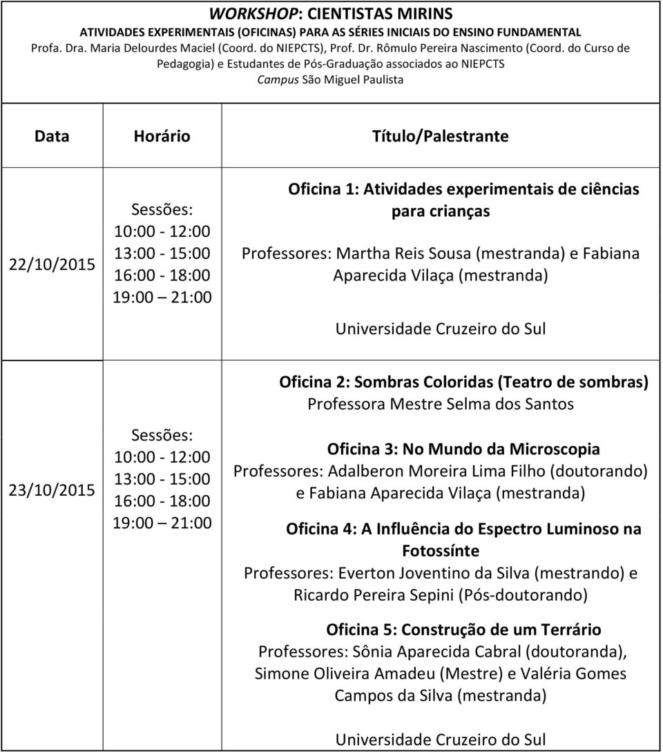 experimentais de ciências para crianças Professores: Martha Reis Sousa (mestranda) e Fabiana Aparecida Vilaça (mestranda) 23/10/2015 Sessões: 10:00-12:00 13:00-15:00 16:00-18:00 19:00 21:00 Oficina