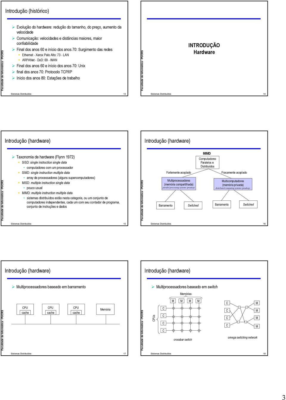 trabalho Hardware Sistemas Distribuídos 13 Sistemas Distribuídos 14 Taxonomia de hardware (Flynn 1972) SISD: single instruction single data computadores com um processador SID: single instruction