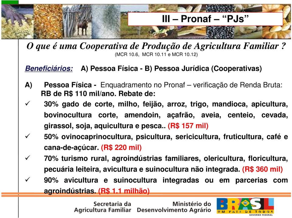 Rebate de: 30% gado de corte, milho, feijão, arroz, trigo, mandioca, apicultura, bovinocultura corte, amendoin, açafrão, aveia, centeio, cevada, girassol, soja, aquicultura e pesca.