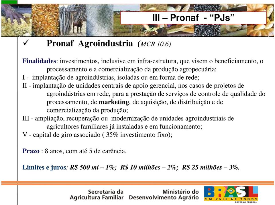 em forma de rede; II - implantação de unidades centrais de apoio gerencial, nos casos de projetos de agroindústrias em rede, para a prestação de serviços de controle de qualidade do processamento, de