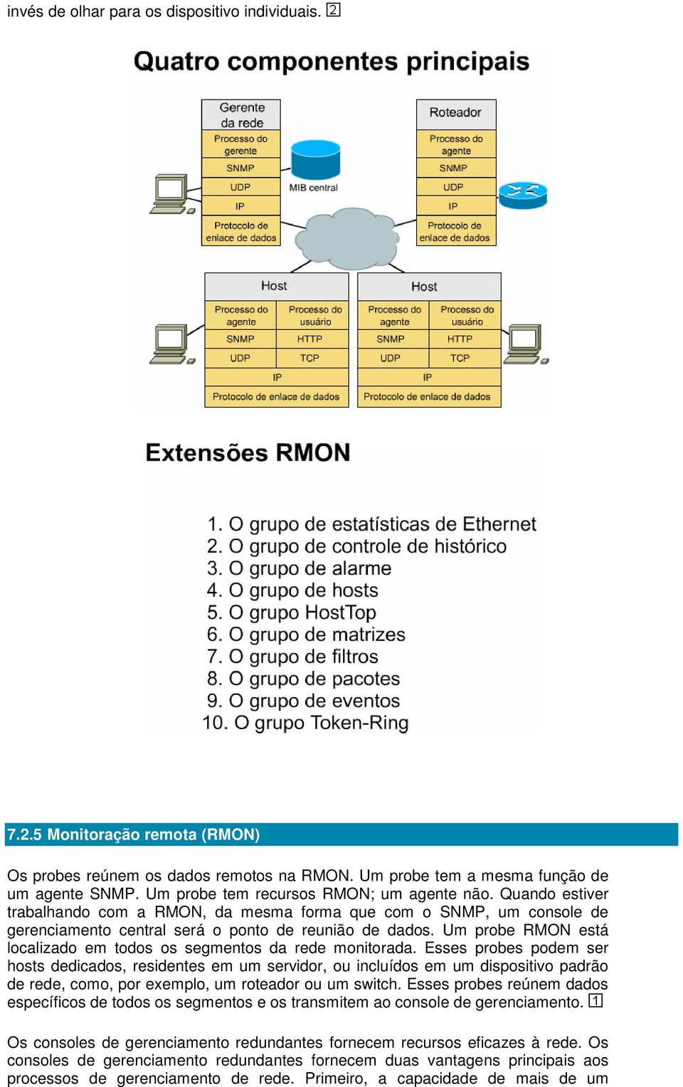 Um probe RMON está localizado em todos os segmentos da rede monitorada.