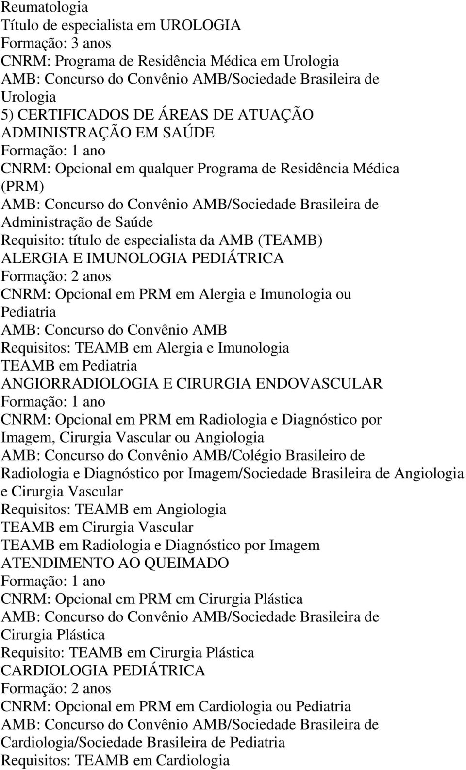 Concurso do Convênio AMB Requisitos: TEAMB em Alergia e Imunologia ANGIORRADIOLOGIA E CIRURGIA ENDOVASCULAR CNRM: Opcional em PRM em Radiologia e Diagnóstico por Imagem, Cirurgia Vascular ou