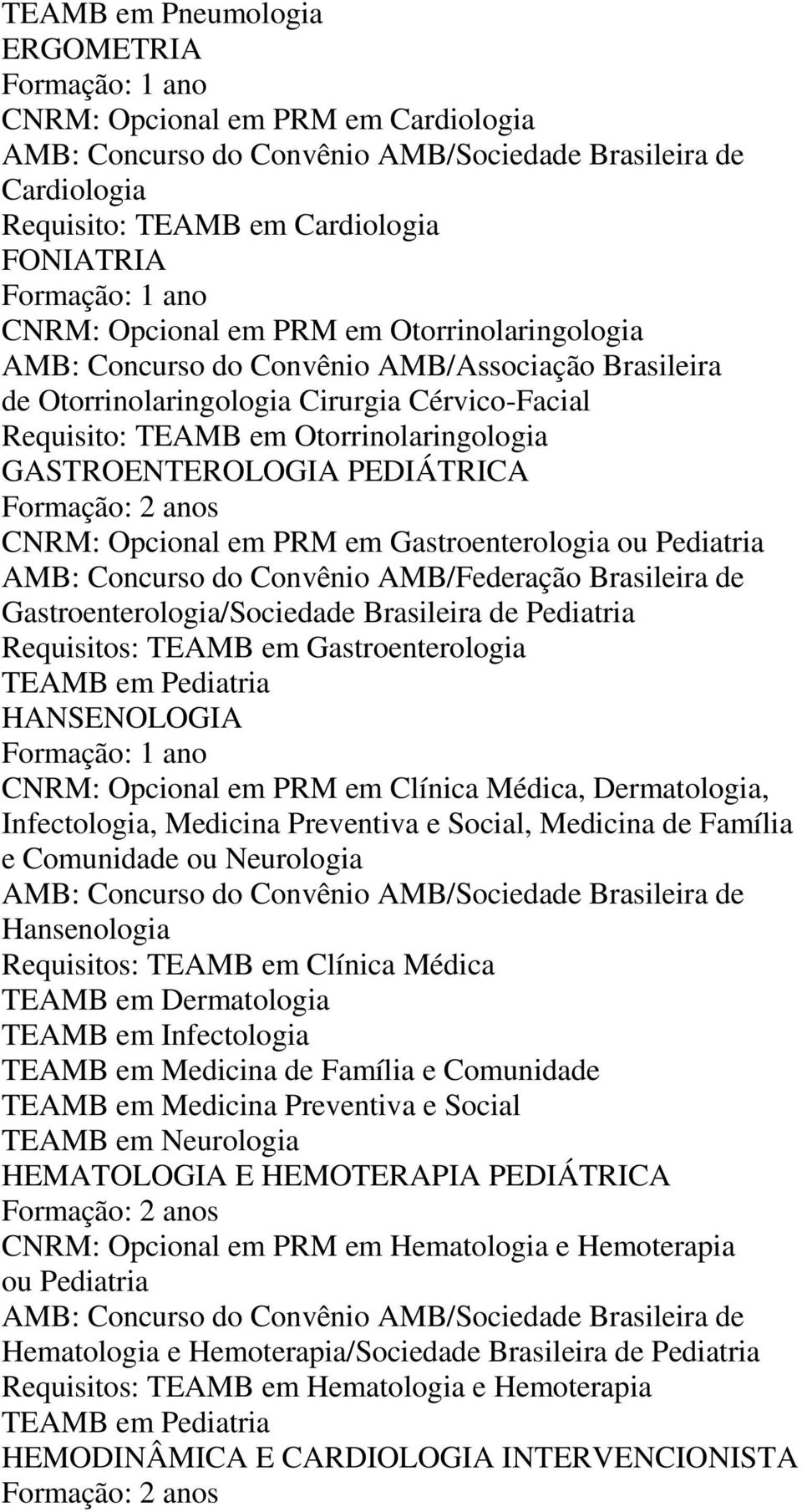 AMB: Concurso do Convênio AMB/Federação Brasileira de Gastroenterologia/Sociedade Brasileira de Pediatria Requisitos: TEAMB em Gastroenterologia HANSENOLOGIA CNRM: Opcional em PRM em Clínica Médica,