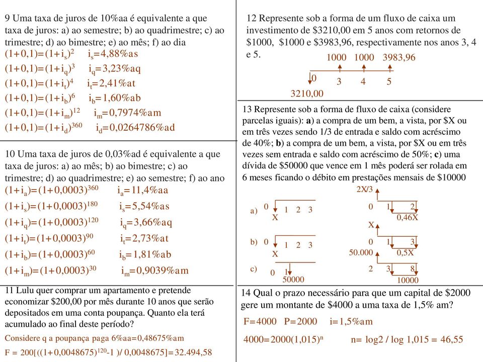 juros: a) ao mês; b) ao bimestre; c) ao trimestre; d) ao quadrimestre; e) ao semestre; f) ao ano (1+i a )=(1+,3) 36 i a =11,4%aa (1+i s )=(1+,3) 18 (1+i q )=(1+,3) 12 (1+i t )=(1+,3) 9 (1+i b