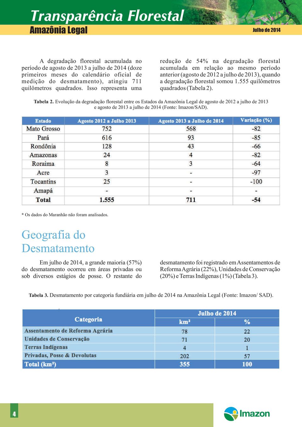 Isso representa uma quadrados (Tabela 2). Tabela 2. Evolução da degradação florestal entre os Estados da de agosto de 2012 a julho de 2013 e agosto de 2013 a julho de 2014 (Fonte: Imazon/SAD).