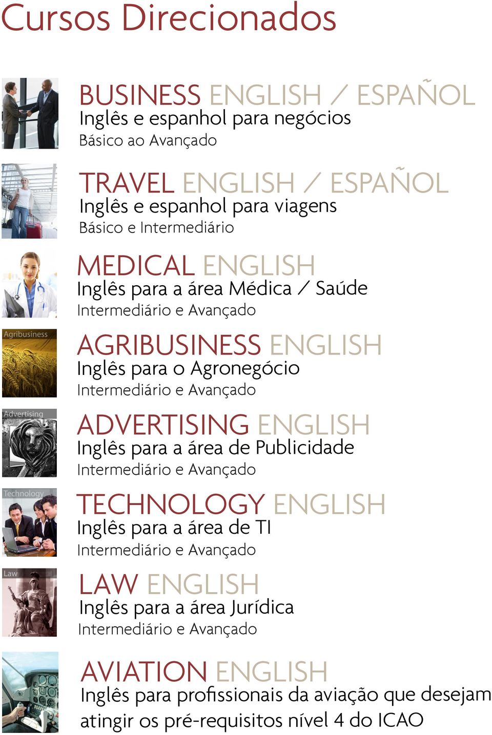 o Agronegócio ADVERTISING ENGLISH Inglês para a área de Publicidade TECHNOLOGY ENGLISH Inglês para a área de TI LAW ENGLISH