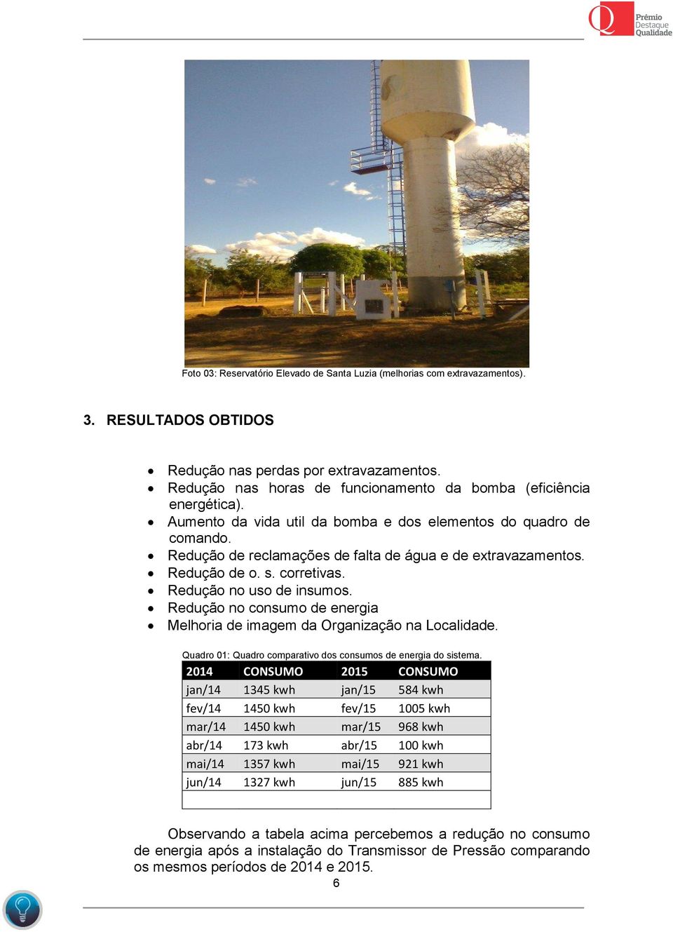 Redução de o. s. corretivas. Redução no uso de insumos. Redução no consumo de energia Melhoria de imagem da Organização na Localidade. Quadro 01: Quadro comparativo dos consumos de energia do sistema.