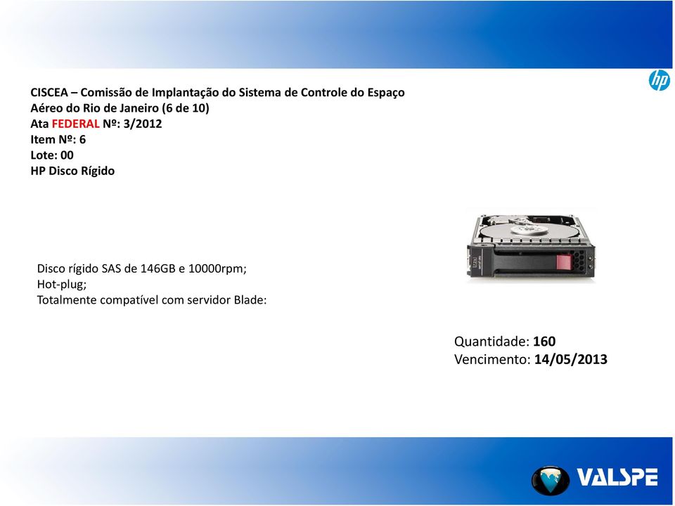 HP Disco Rígido Disco rígido SAS de 146GB e 10000rpm; Hot plug;