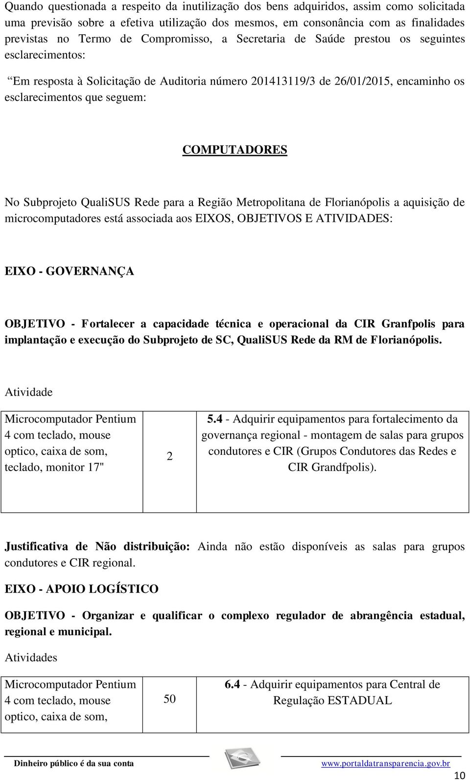 No Subprojeto QualiSUS Rede para a Região Metropolitana de Florianópolis a aquisição de microcomputadores está associada aos EIXOS, OBJETIVOS E ATIVIDADES: EIXO - GOVERNANÇA OBJETIVO - Fortalecer a