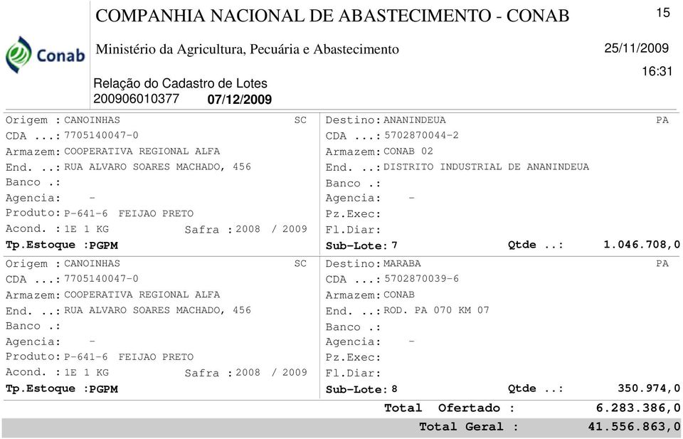 ..: RUA ALVARO SOARES MACHADO, 456 Produto: P-641-6 FEIJAO ETO Destino: ANANINDEUA PA CDA...: 5702870044-2 02 End.