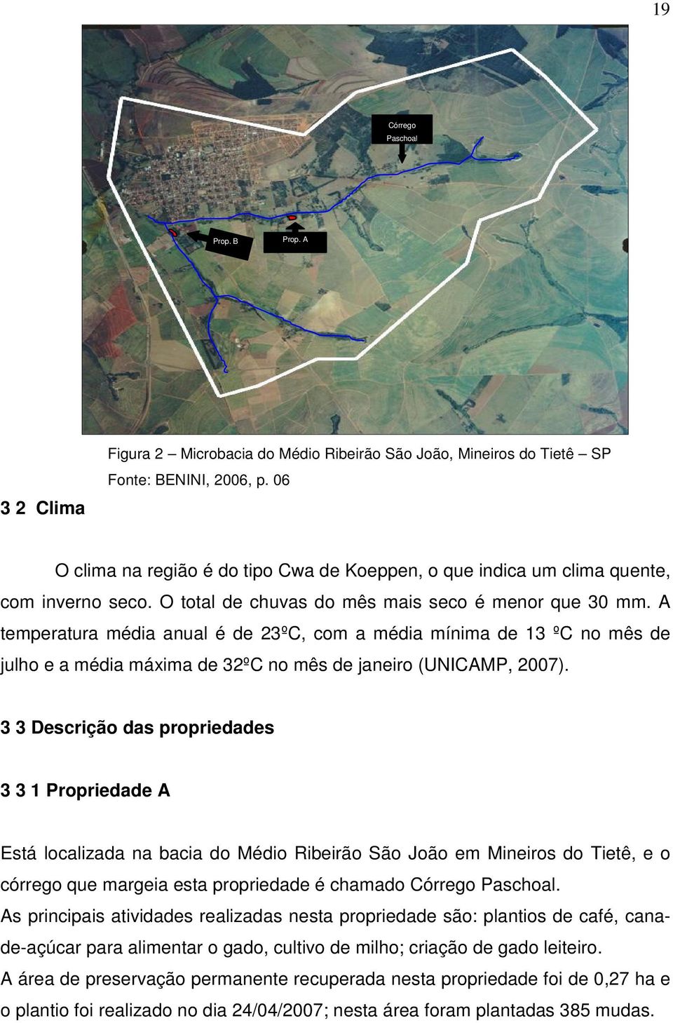 A temperatura média anual é de 23ºC, com a média mínima de 13 ºC no mês de julho e a média máxima de 32ºC no mês de janeiro (UNICAMP, 2007).